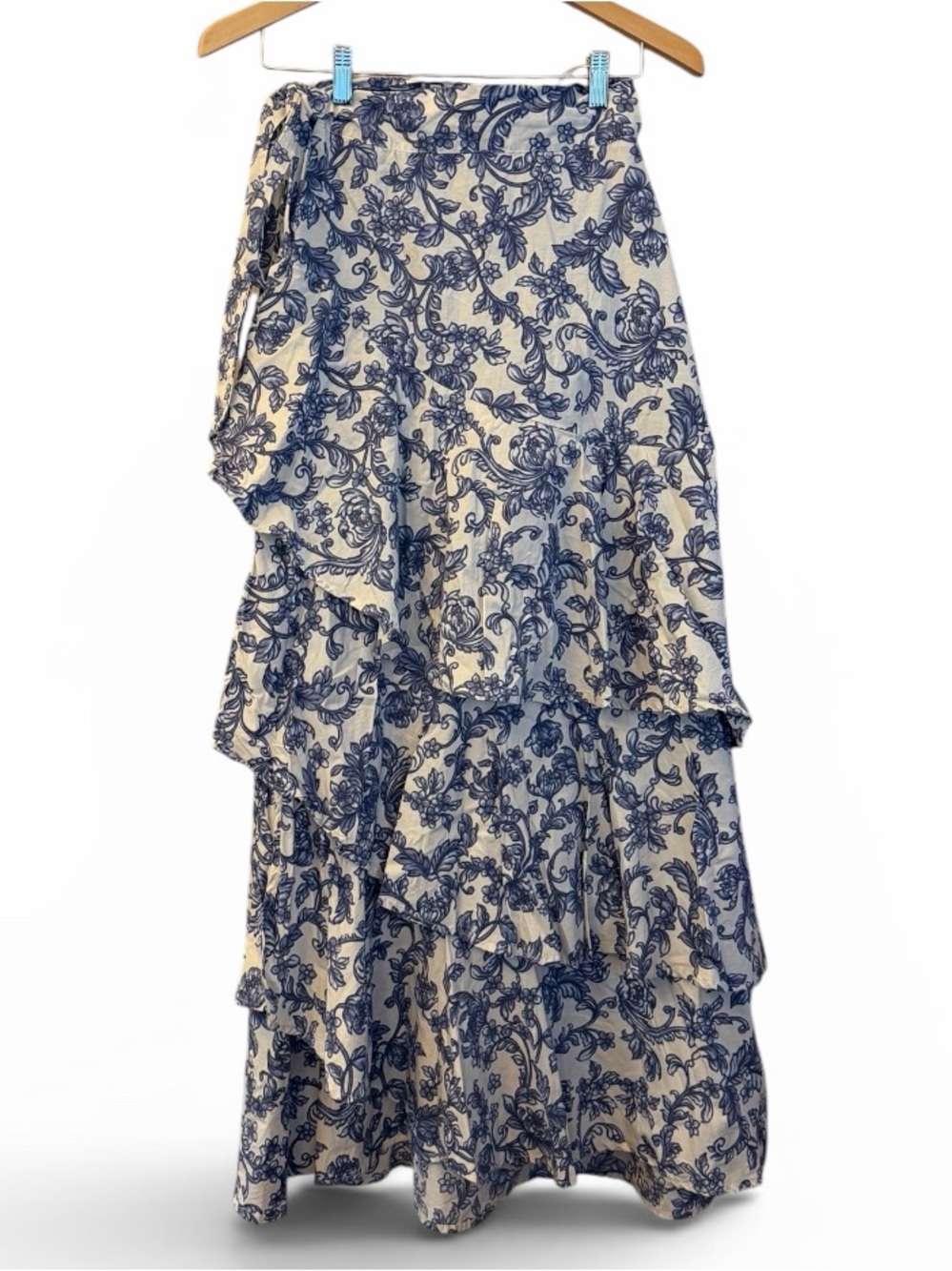 Especia Blue Floral Tiered Full Length Wrap Skirt Excellent Condition Medium